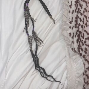 Hair or roach clip accessory with bird feathers and faux hair